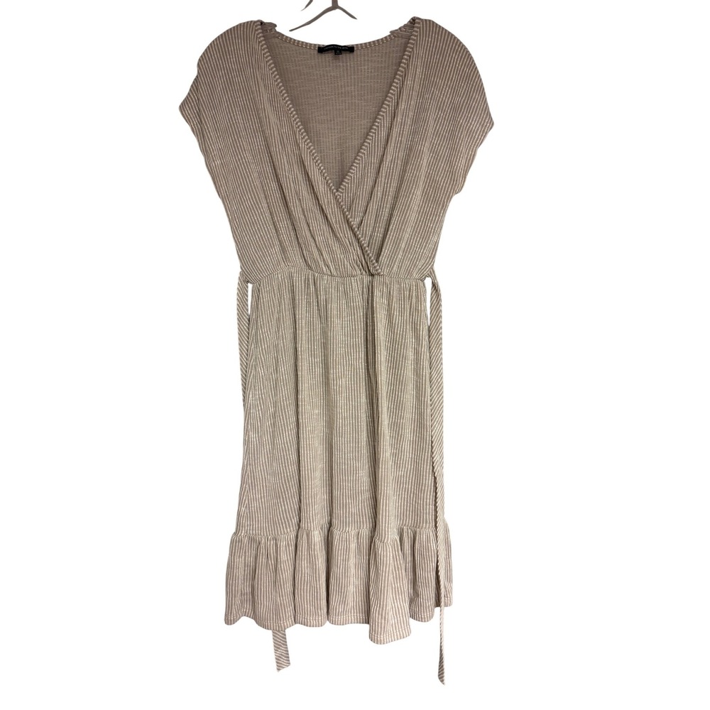 Caution To The Wind Tan White Striped Wrap Front Ruffle Hem Dress Medium